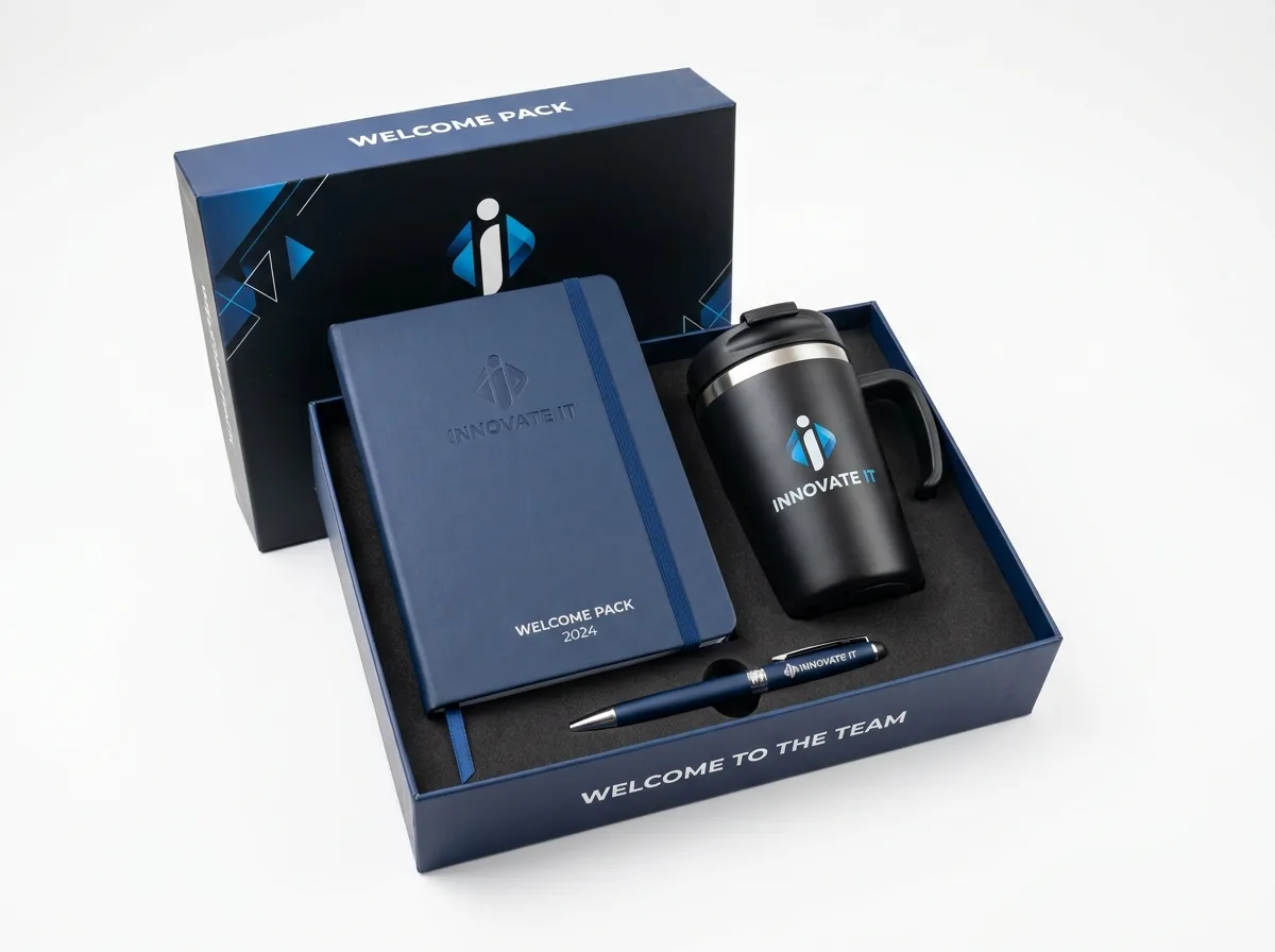 Welcome Pack для IT-компании — ежедневник, термокружка и ручка с логотипом в фирменной упаковке, аккуратный набор на белом фоне